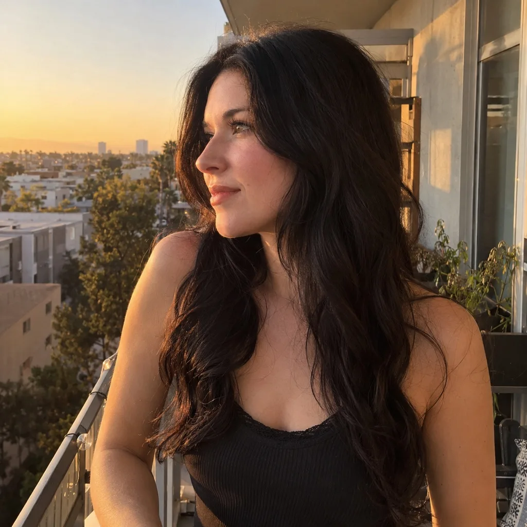Young woman on a balcony at sunset with long thick black hair cut in long layers falling in loose bends