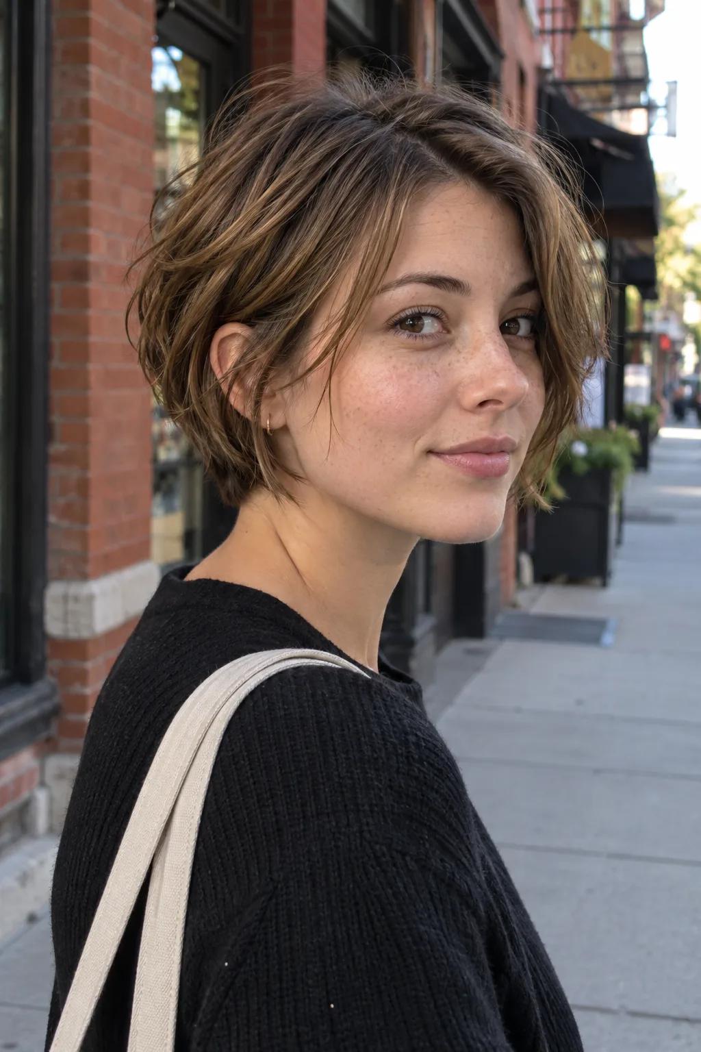 Young woman on a brick city sidewalk with a light brown bixie haircut, side tucked behind her ear and the ends at her jaw