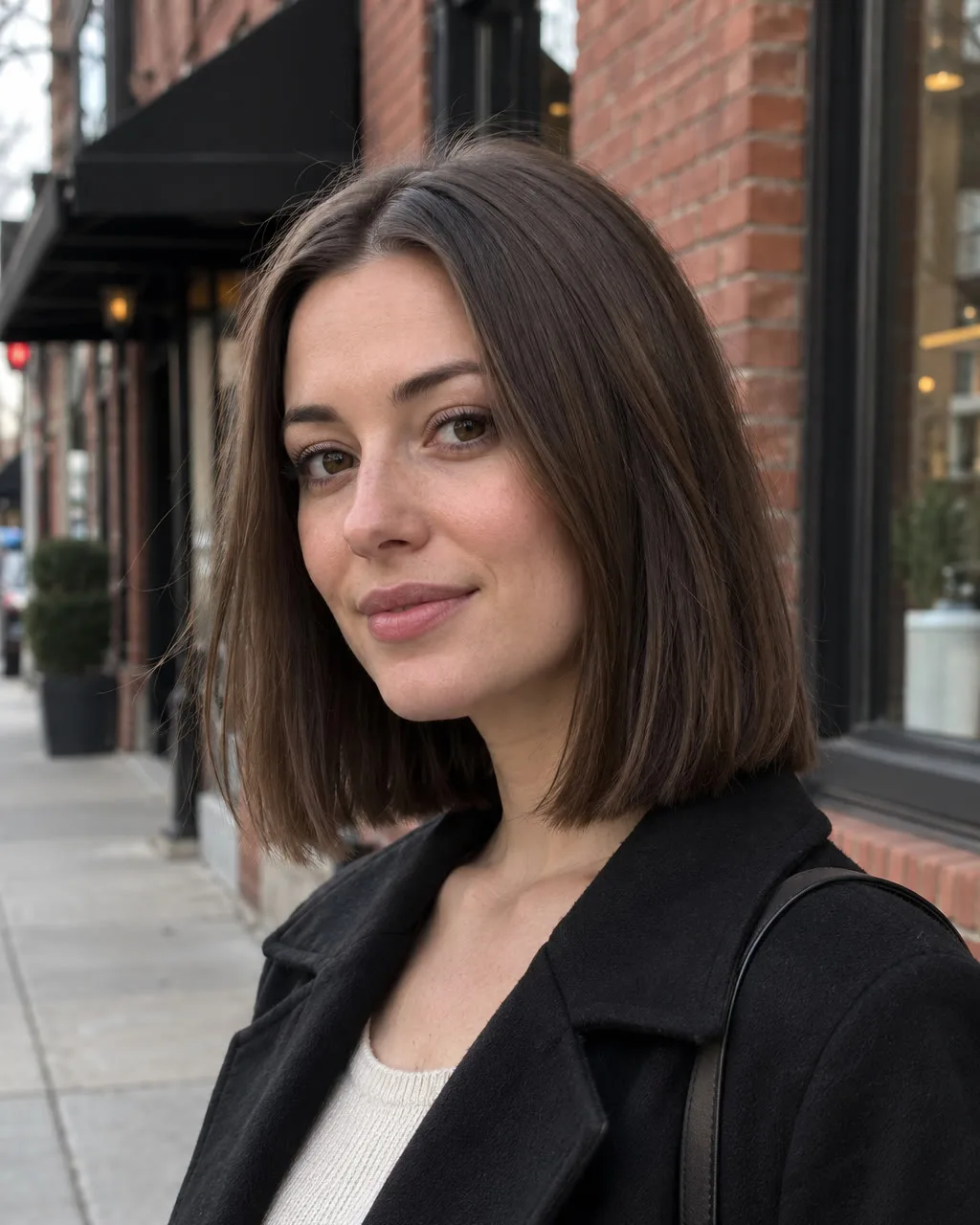 Young woman on a brick city sidewalk with a sleek medium brown shoulder length bob, center part, ends sitting just above her shoulders