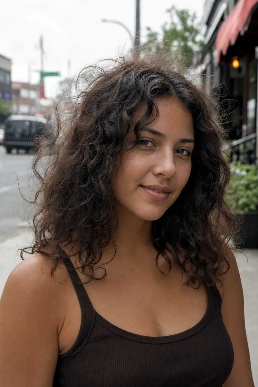 Young woman on a city sidewalk on an overcast day with shoulder length dark brown waves and a visible halo of frizz and flyaways