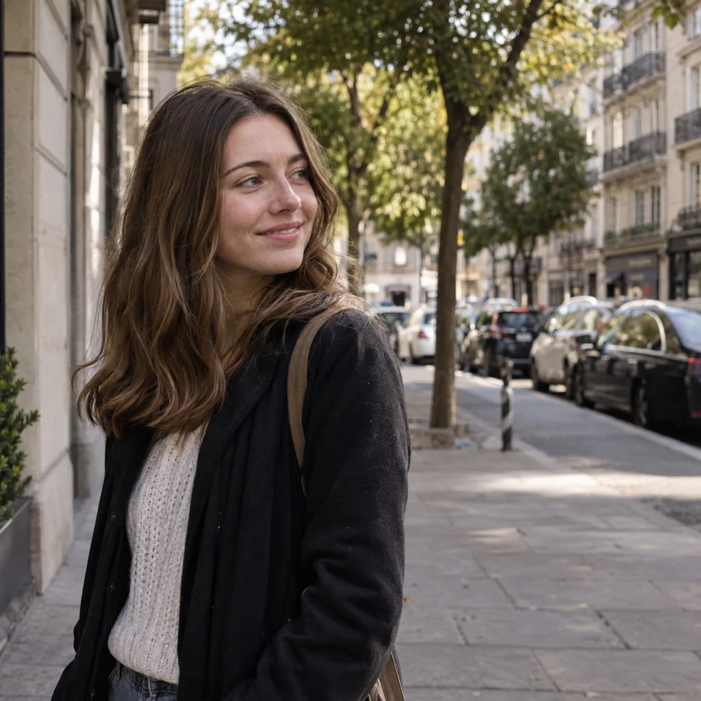 Young woman on a city sidewalk with air-dried mid brown hair, straight at the roots and loosely bent from the shoulders down