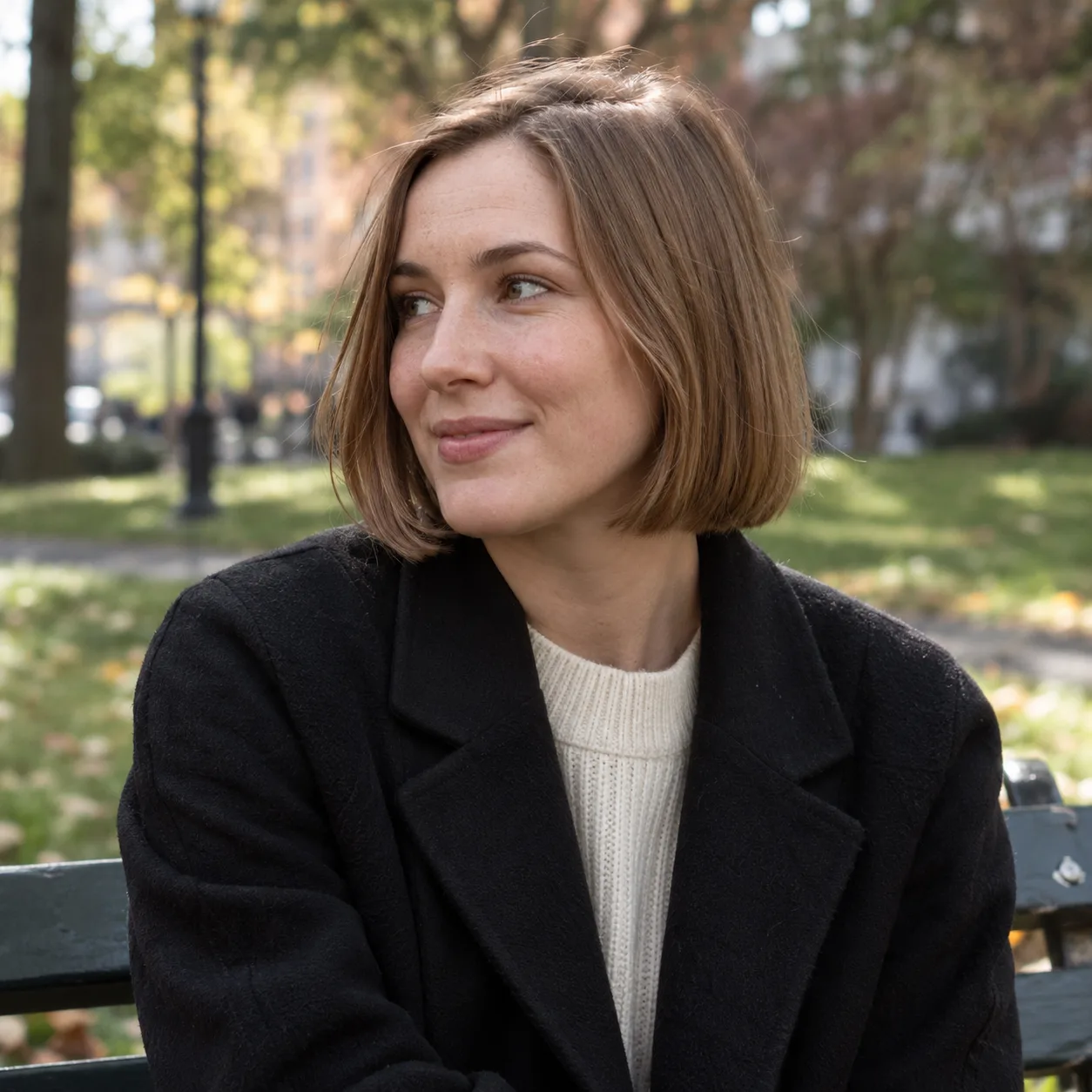 Young woman on a park bench in autumn with light brown hair in a chin-length blunt bob