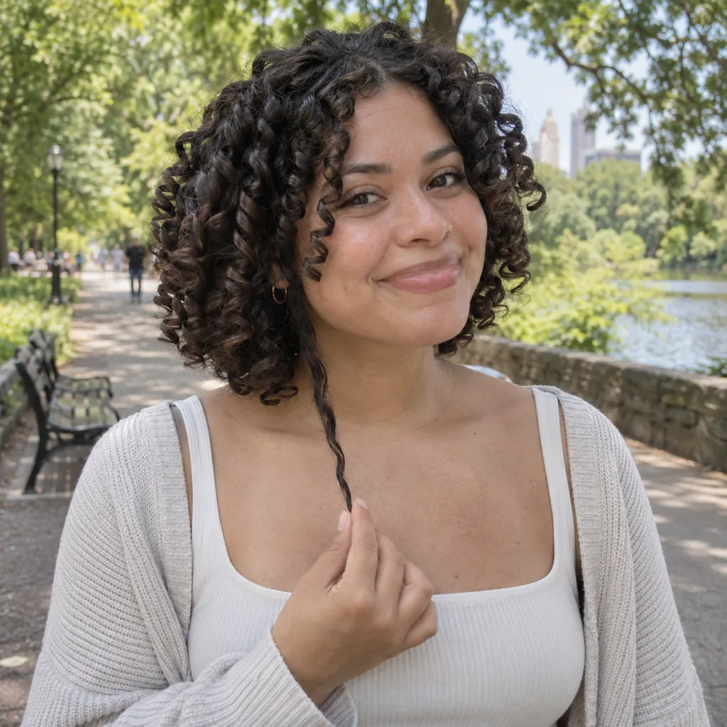 Young woman on a park path pulling one dark brown curl straight down while the rest of her curls sit springy around her chin
