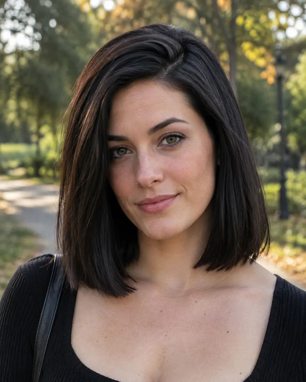 Young woman on a park path with a thick black shoulder length bob, side part, lying flat at the sides with blunt ends