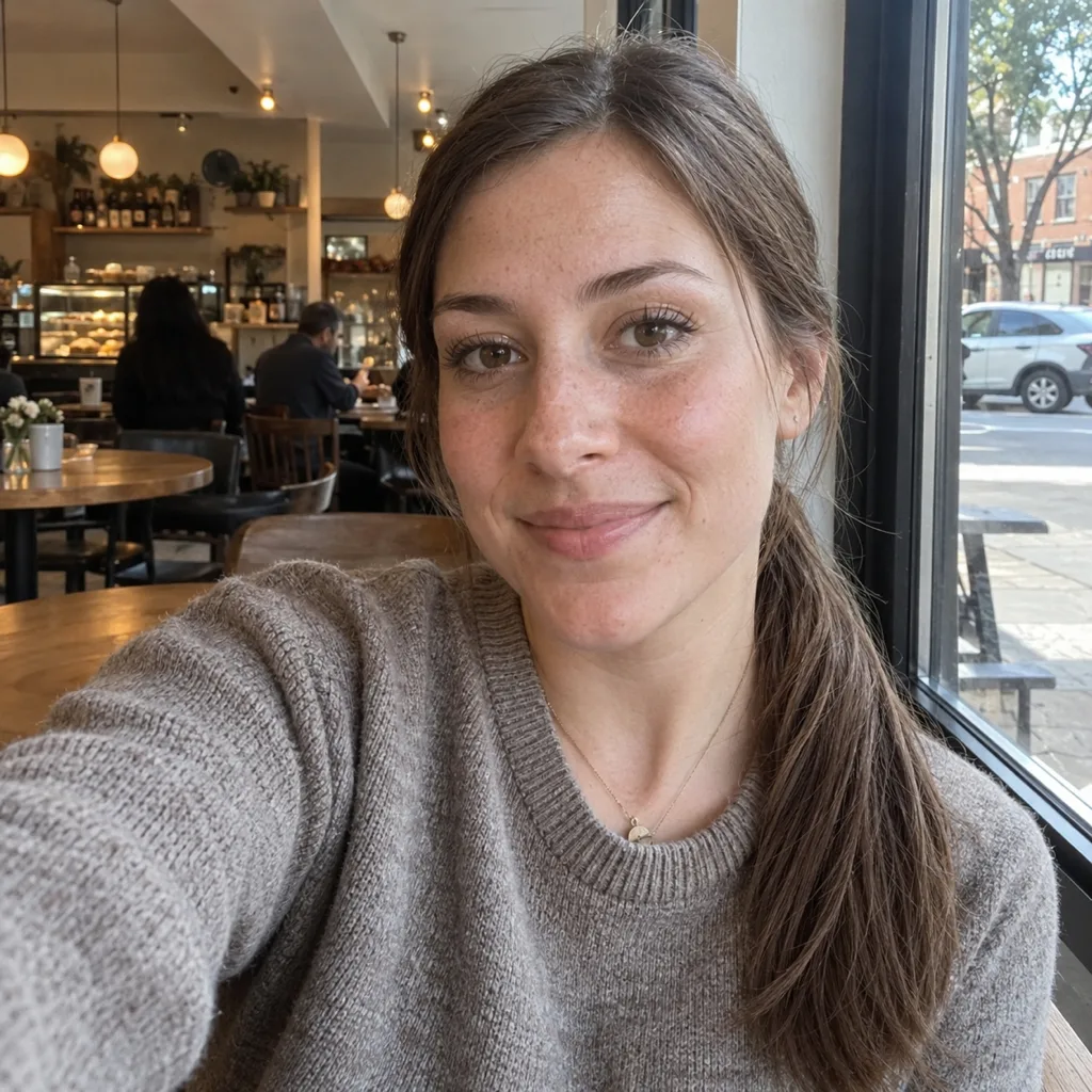 Young woman taking a selfie by a cafe window with her hair pulled back