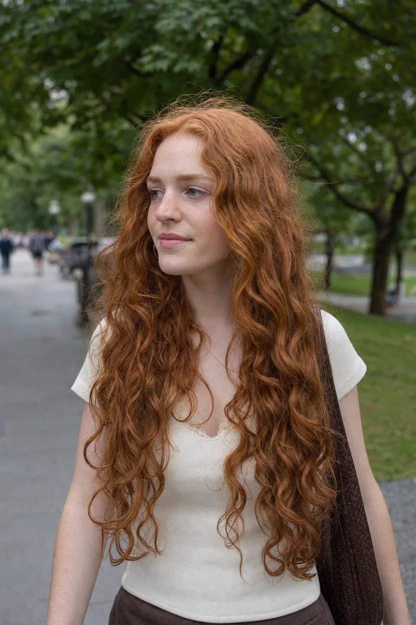 Young woman walking in a park with ginger wavy hair to mid back falling around her face