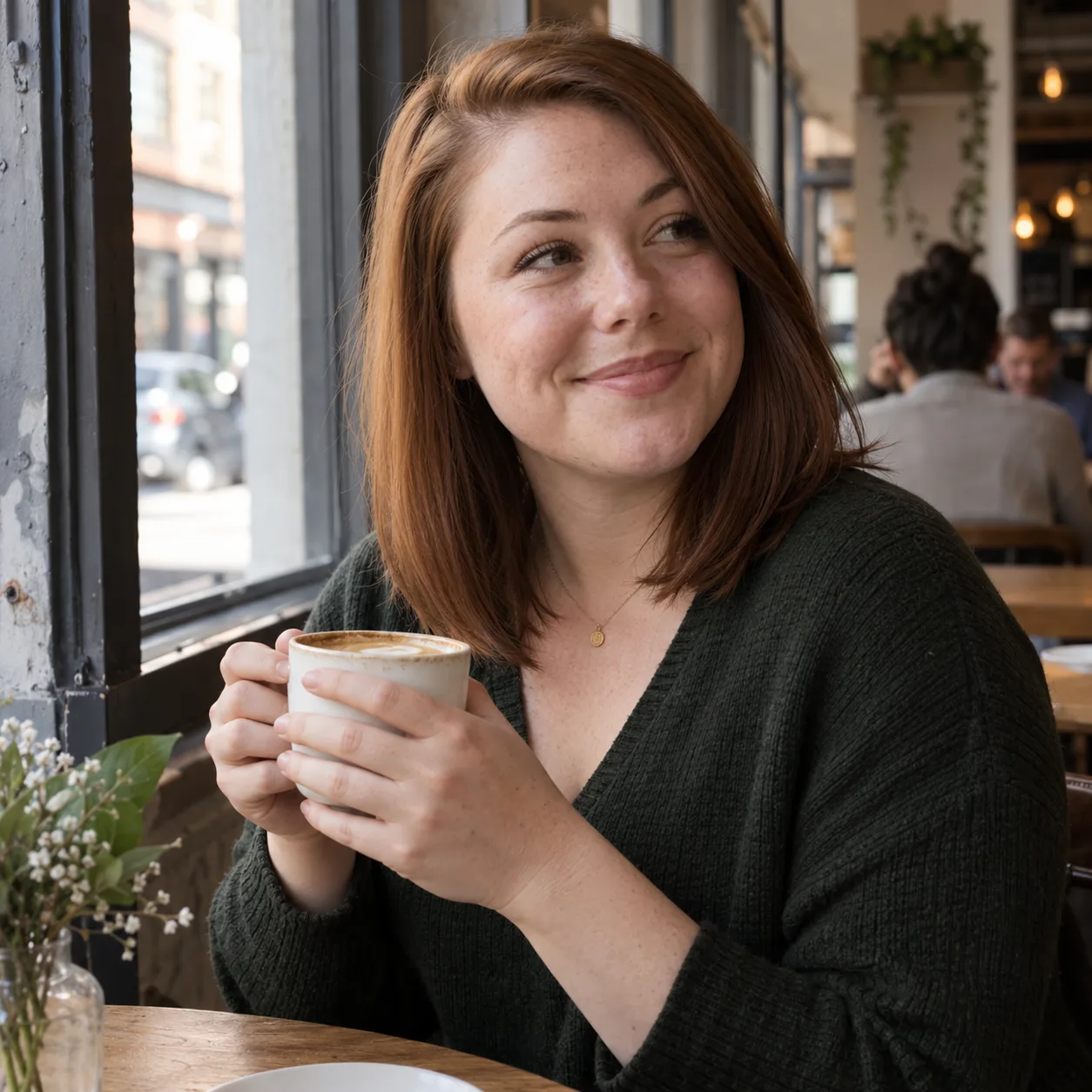 Young woman with a coffee at a cafe window, auburn hair in a collarbone-length lob with a side part