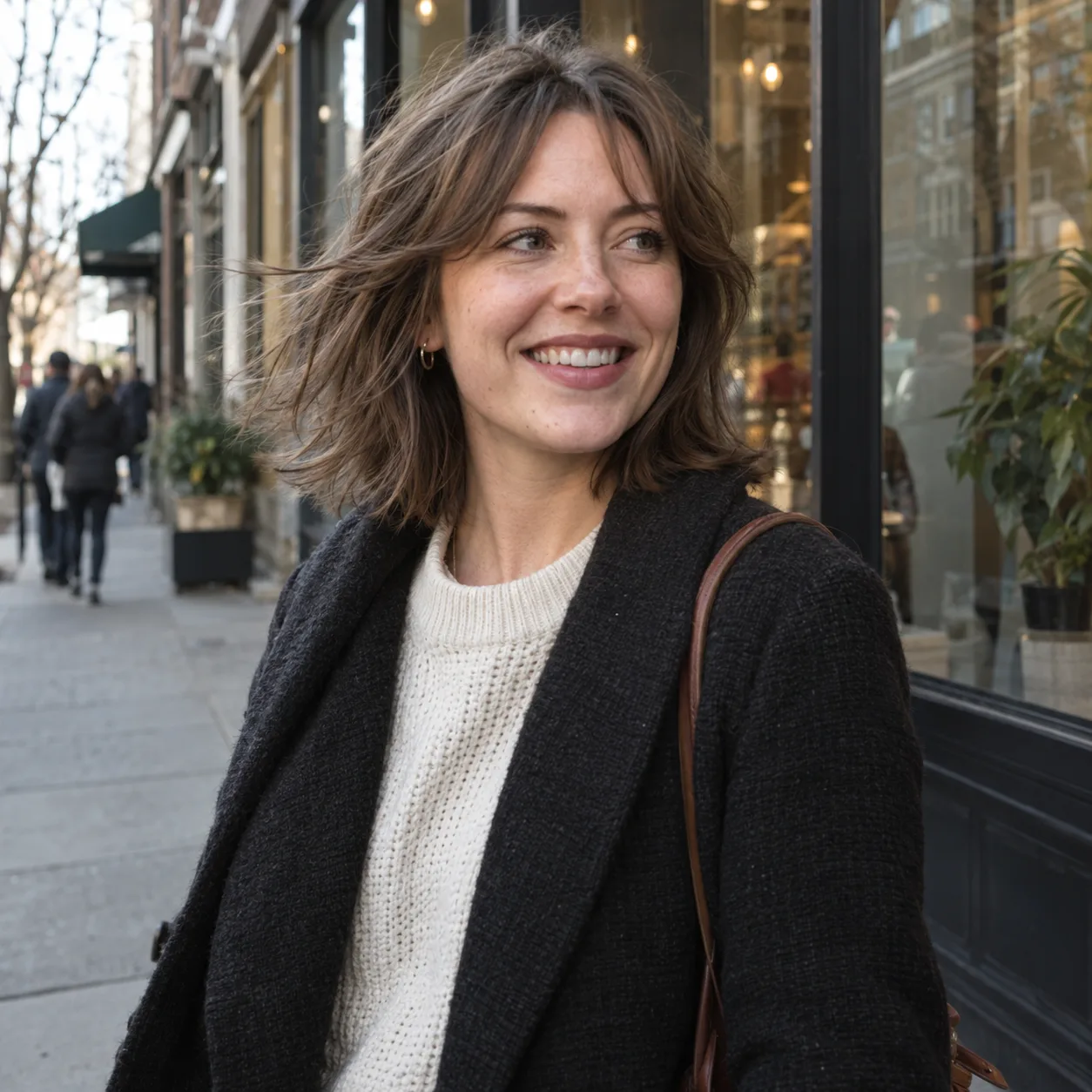 Young woman with a fresh light brown lob and curtain bangs walking on a city street