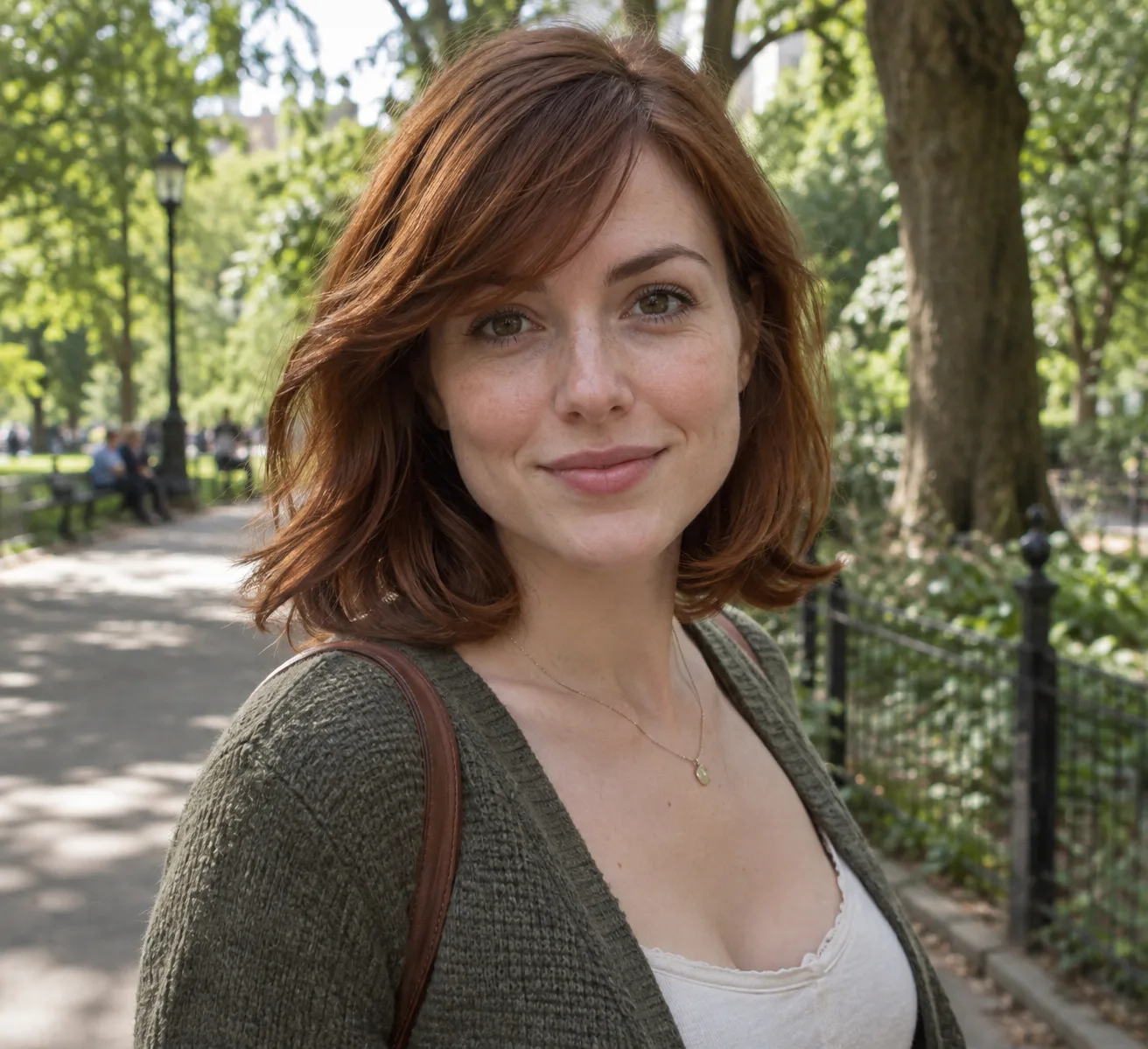 Young woman with a heart-shaped face and an auburn collarbone-length lob with side-swept bangs, in a city park