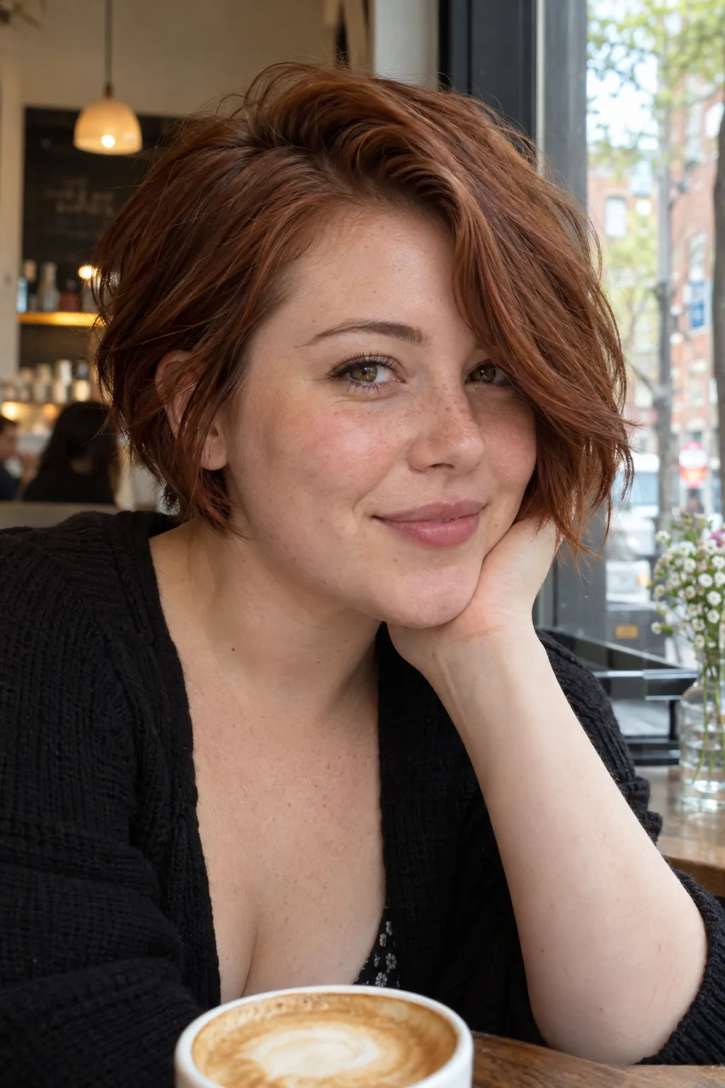 Young woman with a round face and an auburn bixie with a deep side part, the long front piece sweeping across her cheek, at a cafe window