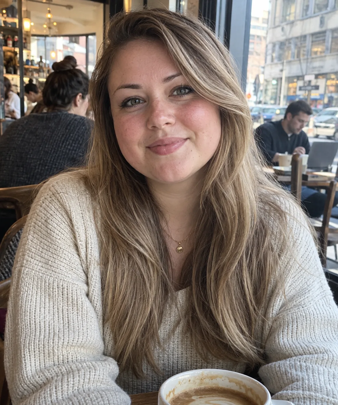 Young woman with a round face and long dirty blonde face-framing layers with a deep side part, sitting in a city cafe