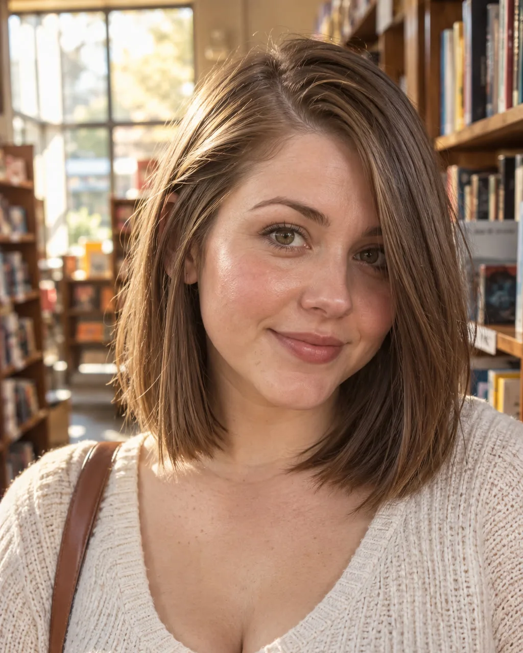 Young woman with a round face in a bookshop, light brown shoulder length bob with a deep side part sweeping across one side of her face