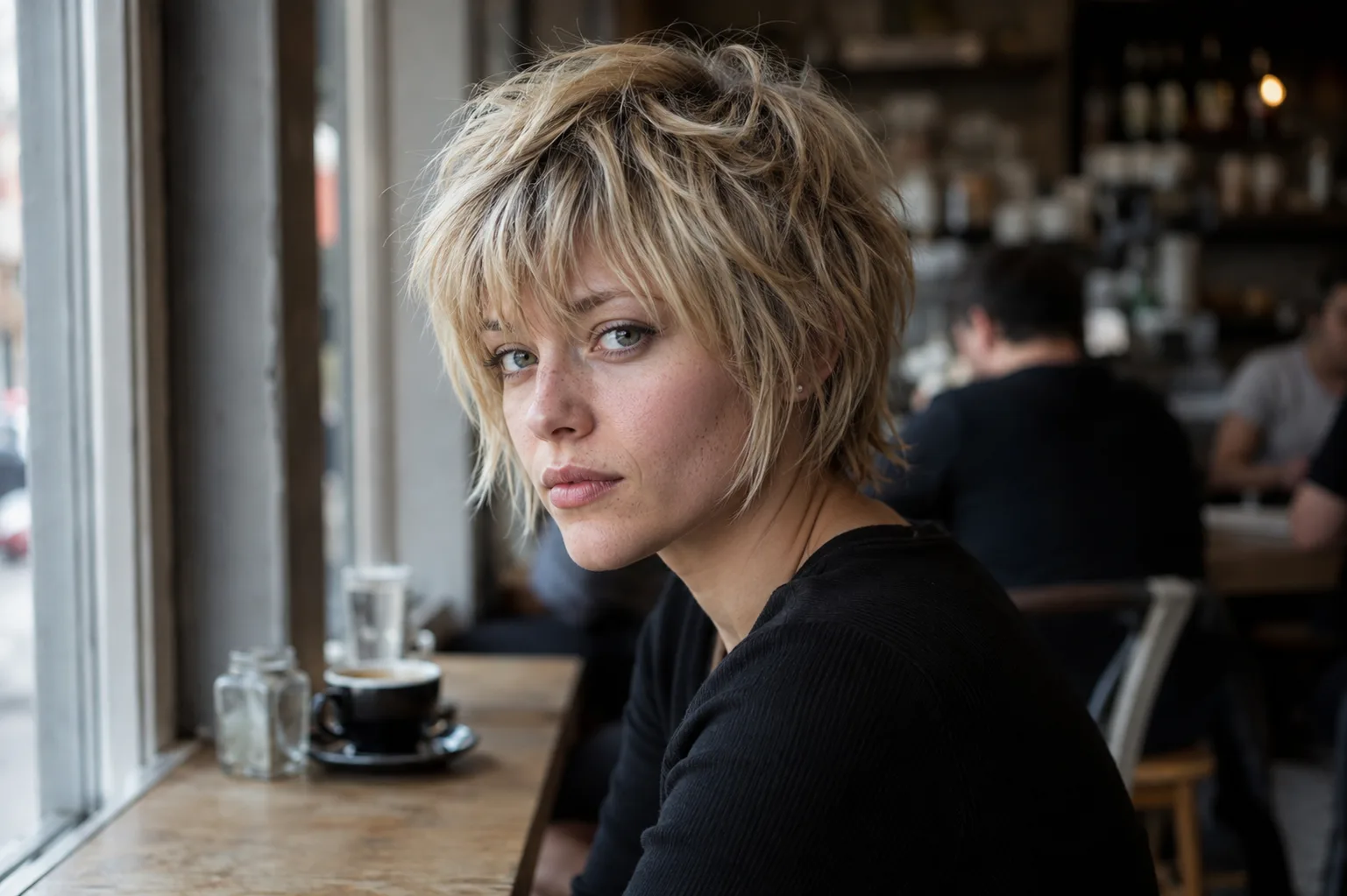 Young woman with a short blonde shag haircut and a textured brow-skimming fringe in a cafe