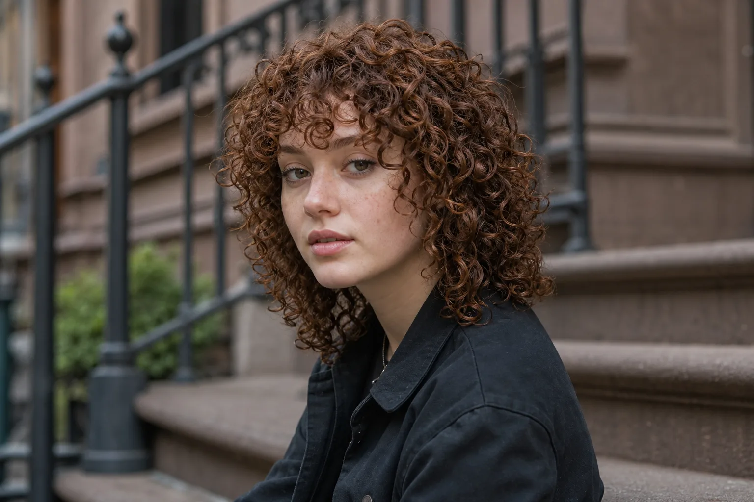 Young woman with an auburn curly shag, springy curls and a soft fringe, on brownstone steps