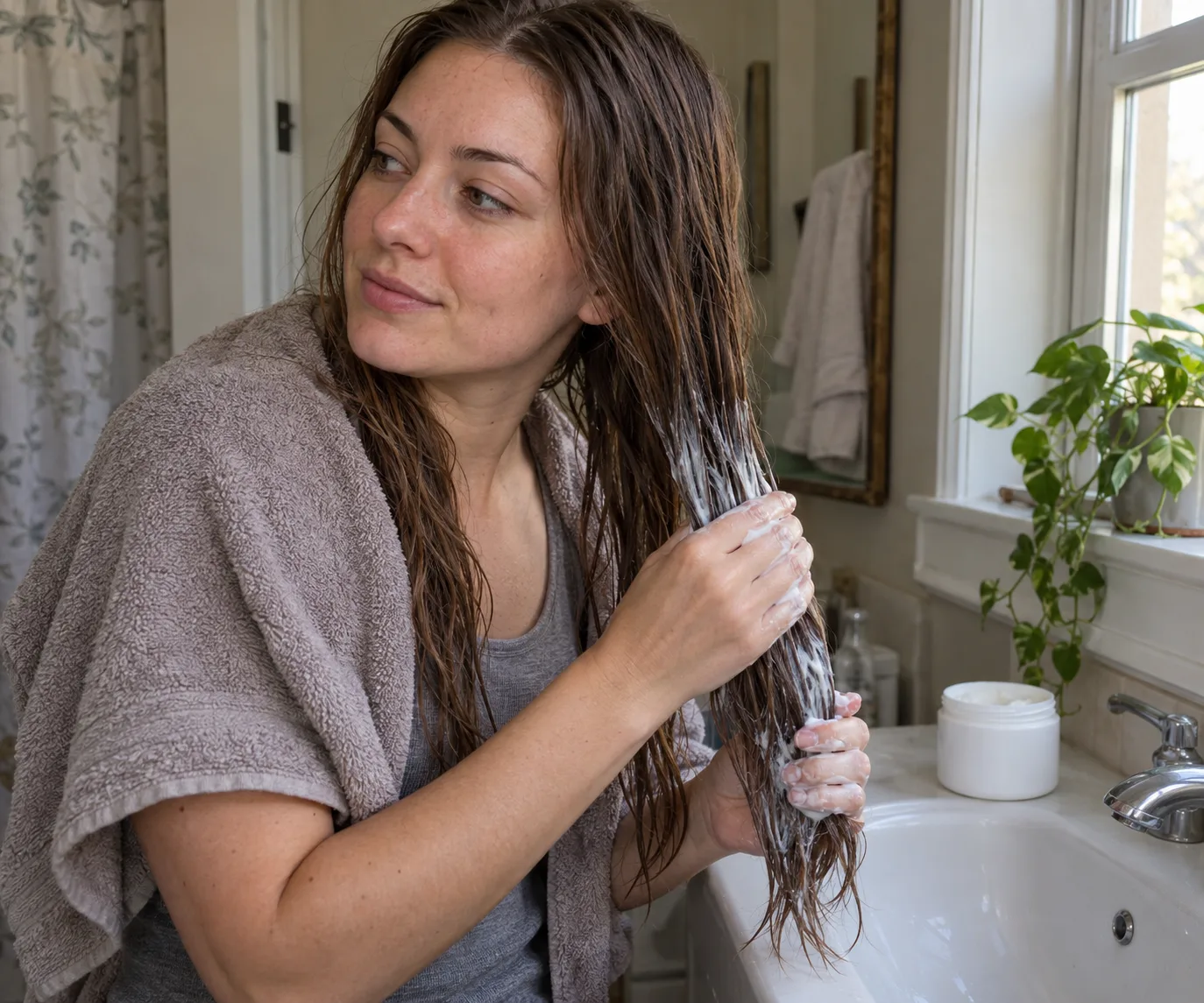 Young woman with damp brown hair and a towel on her shoulders working white hair mask into the lengths and ends at a bathroom sink, a plain white jar beside her