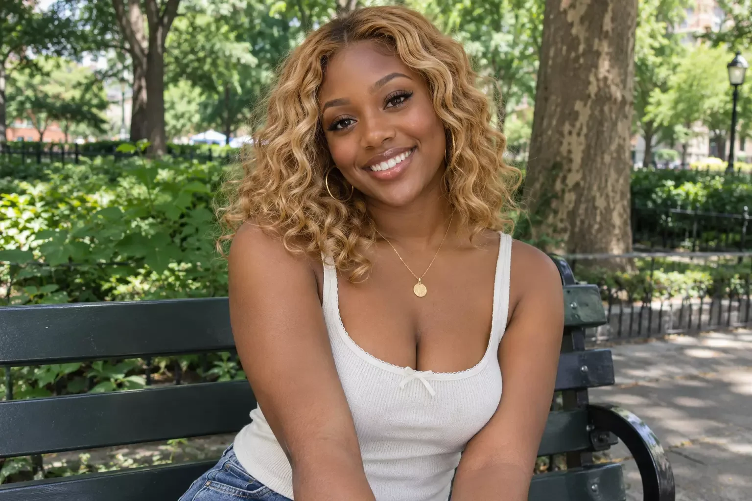 A young woman with deep brown skin and shoulder-length honey blonde curls, smiling on a park bench in daylight
