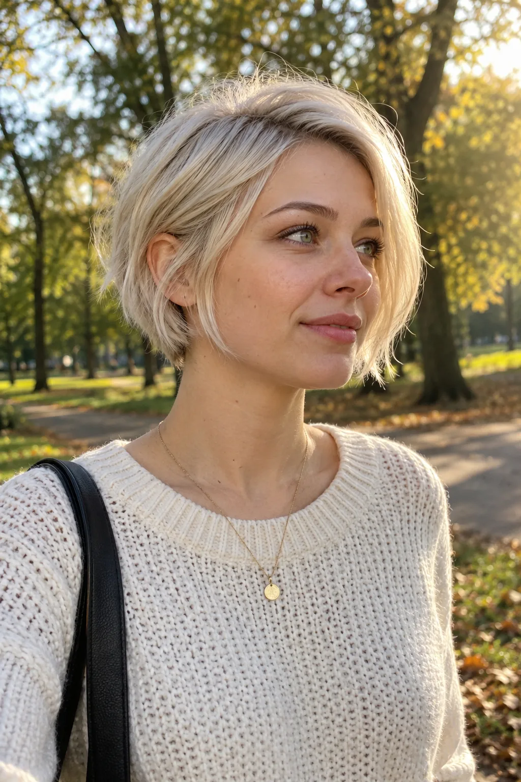 Young woman with fine platinum blonde hair in a bixie with a full, lightly textured edge, in a park in autumn sun