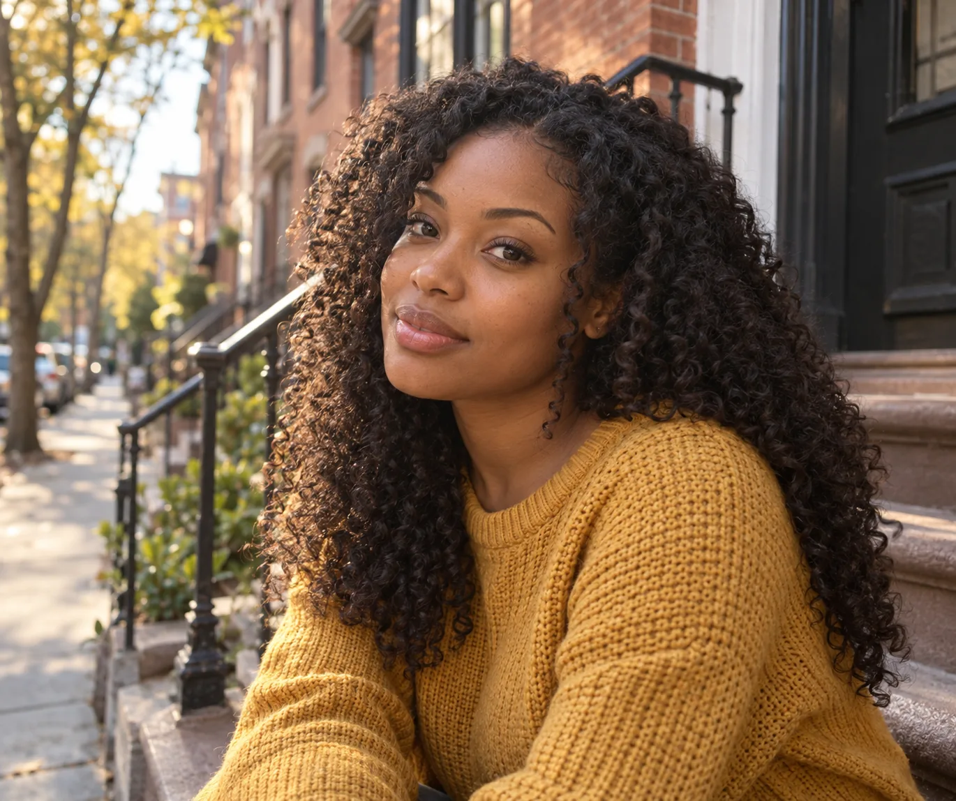 Young woman with long defined dark brown 3C curls in a mustard sweater sitting on the front steps of a brick townhouse