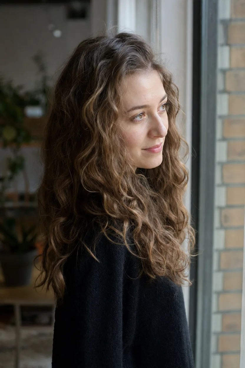 Young woman with long light brown hair in tight S waves from near the root, looking out of an apartment window in daylight