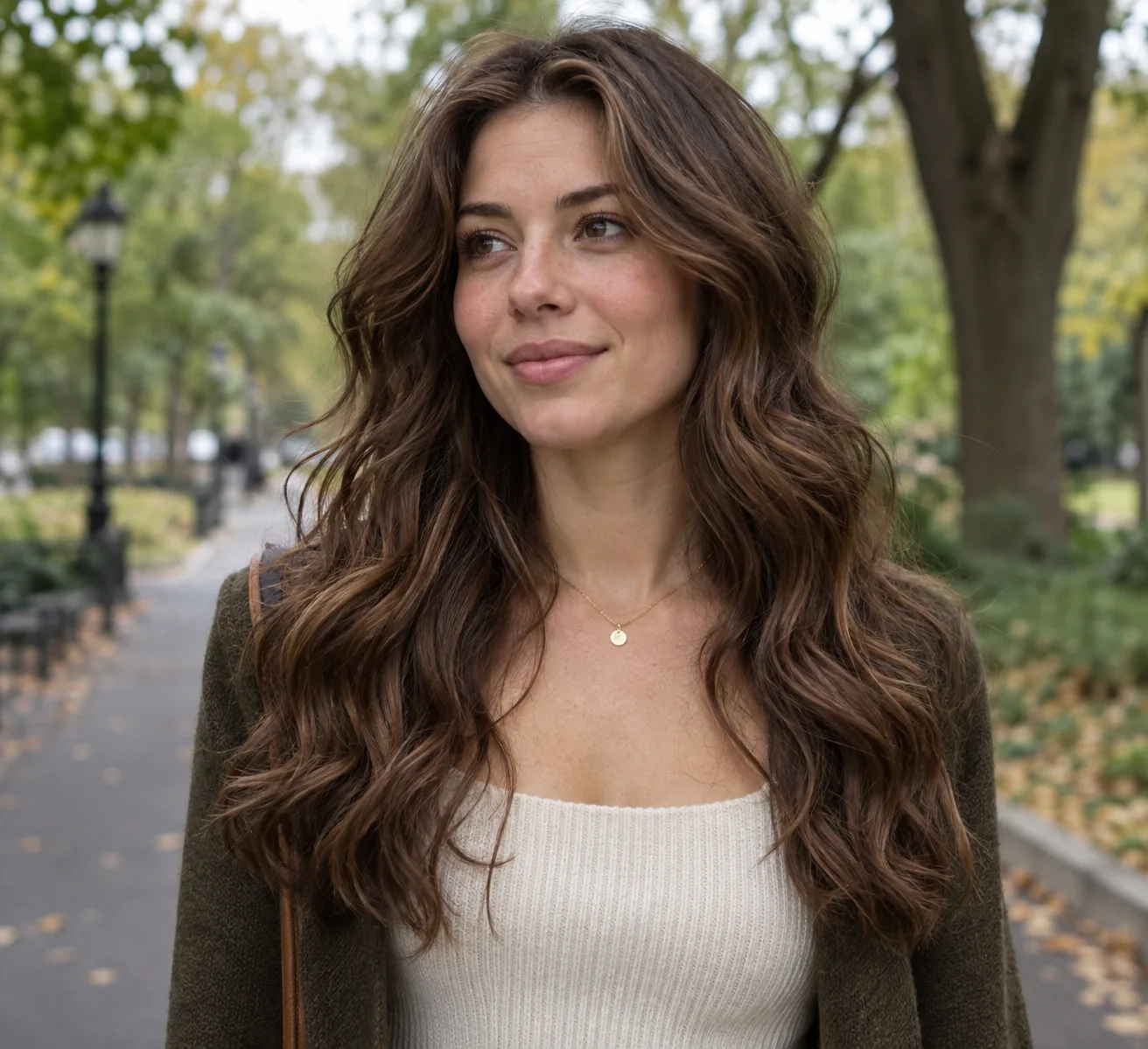 Young woman with long thick chestnut brown wavy hair with soft face framing layers walking on a park path