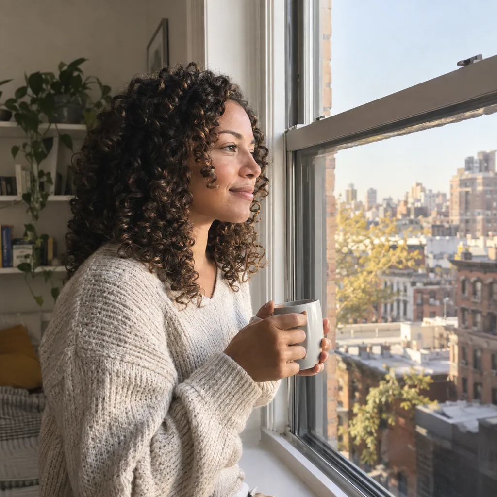 Young woman with shoulder length dark brown spiral curls holding a mug by a large apartment window overlooking the city