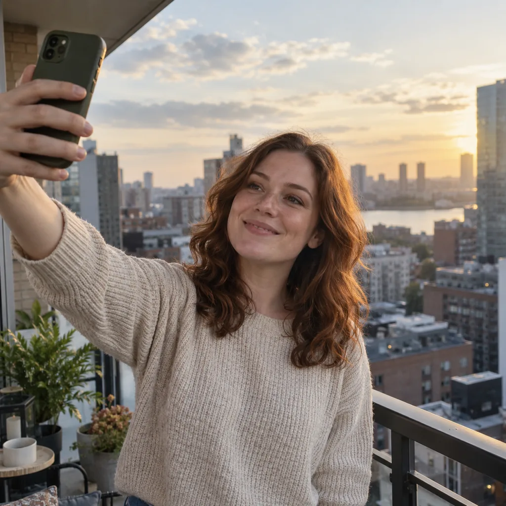 Young woman with wavy auburn hair taking a selfie on a city apartment balcony at sunset
